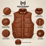 Braywick men's cognac genuine leather bubble puffer vest, feature infographic