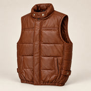Braywick men's cognac genuine leather bubble puffer vest, three-quarter product view