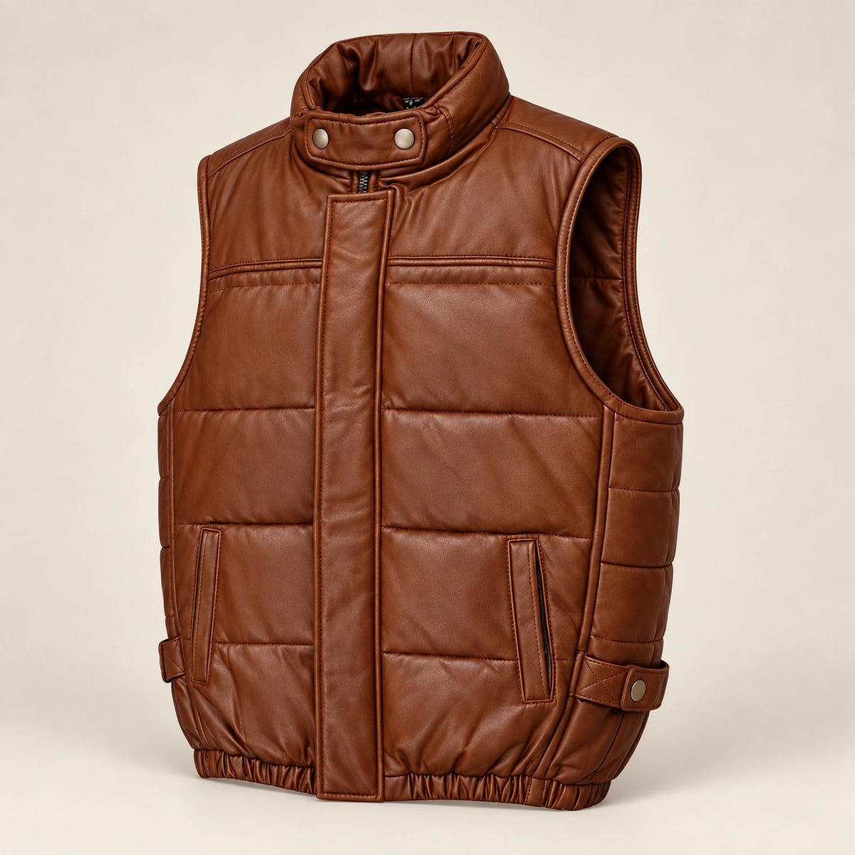 Braywick men's cognac genuine leather bubble puffer vest, three-quarter product view