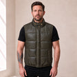 Braywick men's dark olive green genuine leather bubble puffer vest, modeled front view