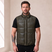 Braywick men's dark olive green genuine leather bubble puffer vest, modeled front view