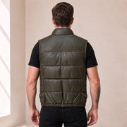 Braywick men's dark olive green genuine leather bubble puffer vest, modeled back view