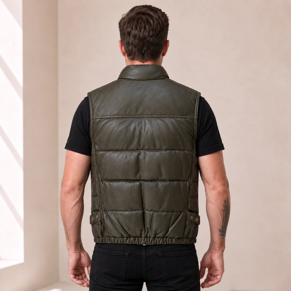 Braywick men's dark olive green genuine leather bubble puffer vest, modeled back view