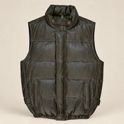 Braywick men's dark olive green genuine leather bubble puffer vest, product front view