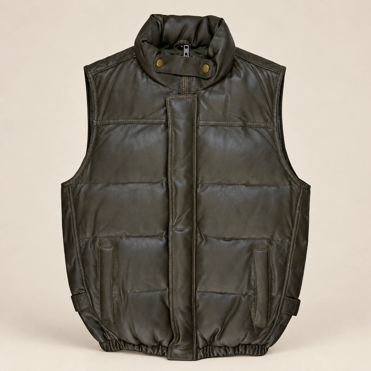 Braywick men's dark olive green genuine leather bubble puffer vest, product front view