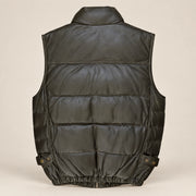 Braywick men's dark olive green genuine leather bubble puffer vest, product back view