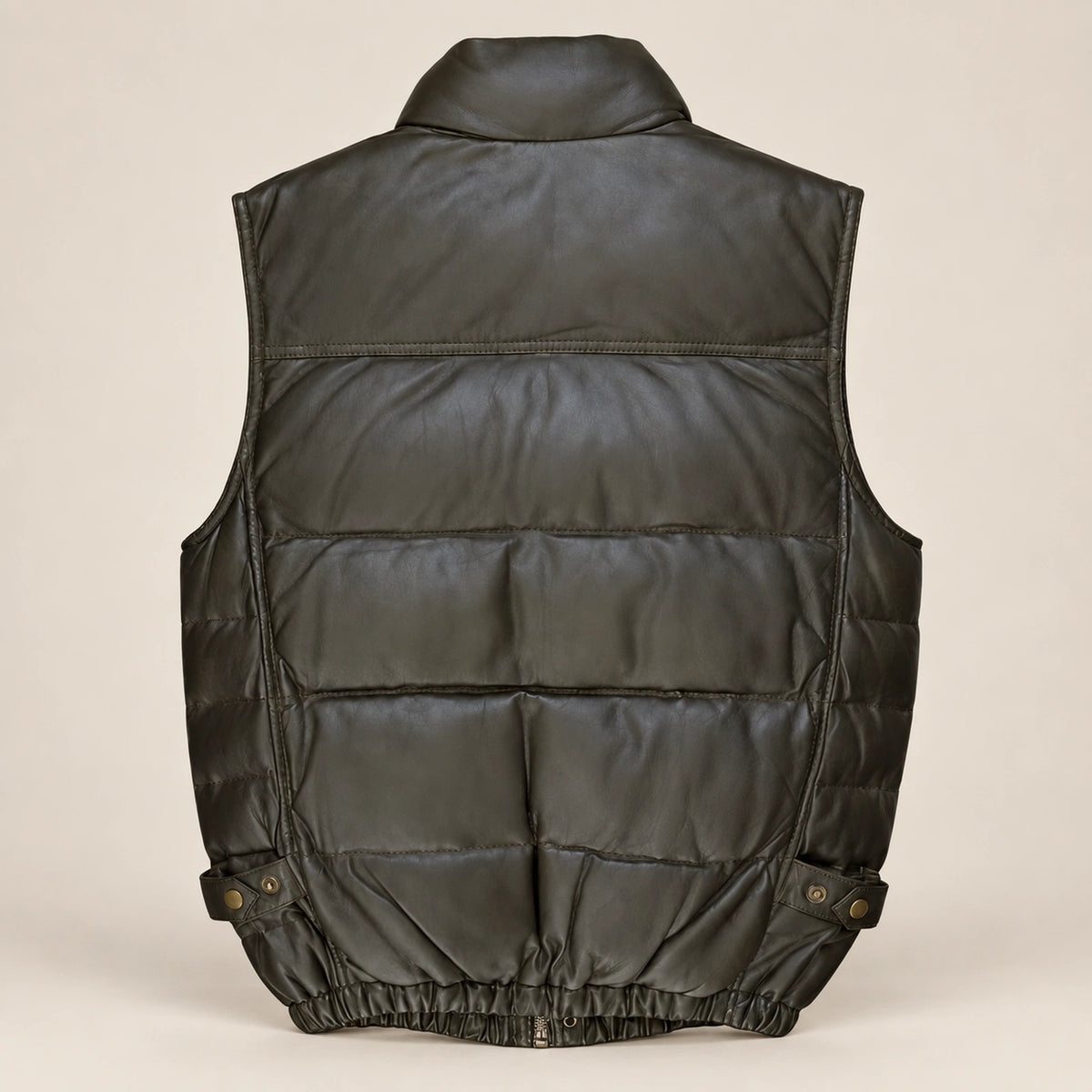 Braywick men's dark olive green genuine leather bubble puffer vest, product back view