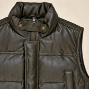Braywick men's dark olive green genuine leather bubble puffer vest, collar, leather grain and padded panel close-up