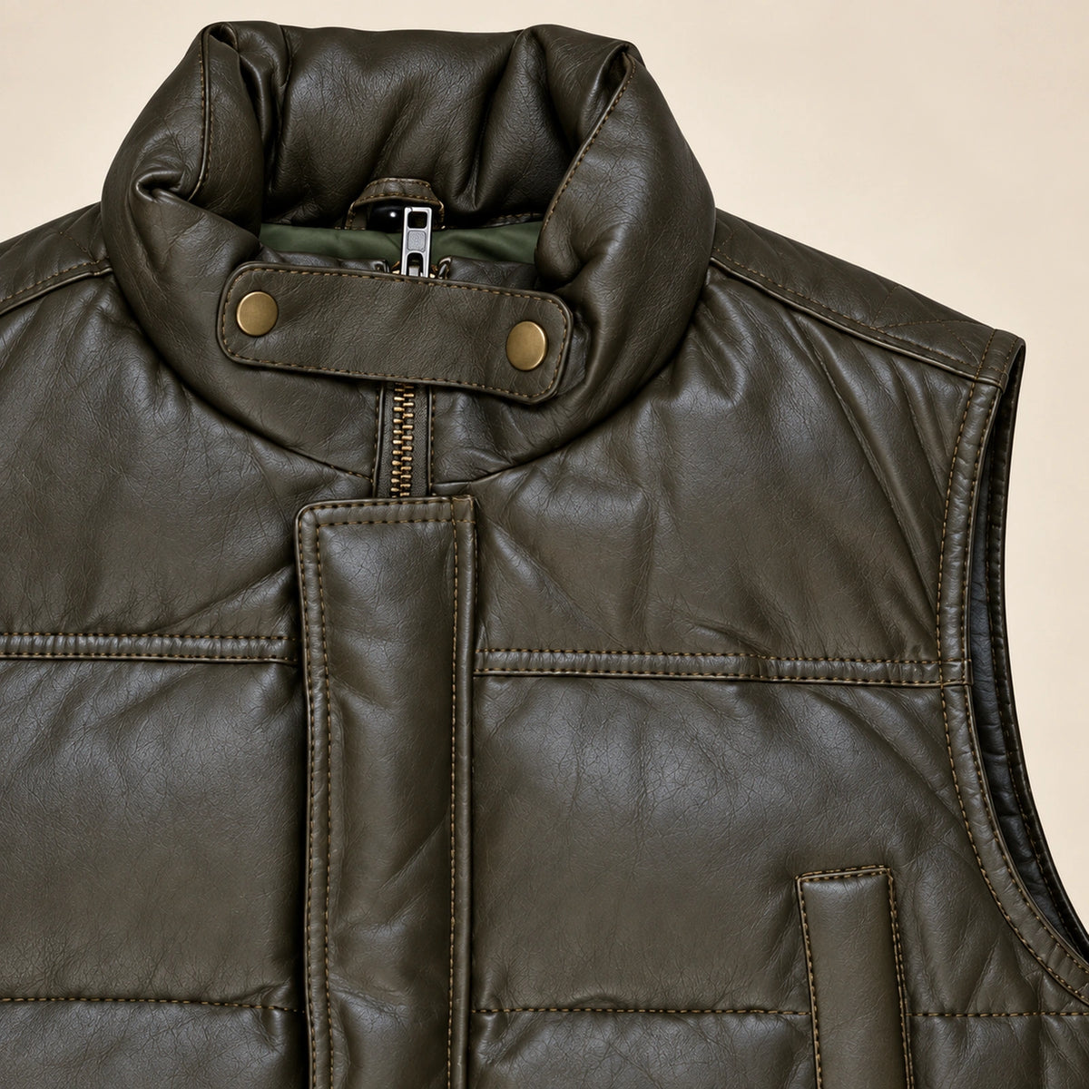 Braywick men's dark olive green genuine leather bubble puffer vest, collar, leather grain and padded panel close-up