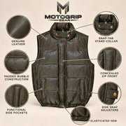 Braywick men's dark olive green genuine leather bubble puffer vest, feature infographic