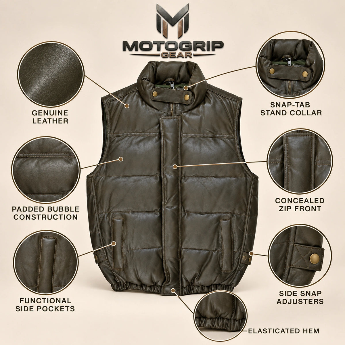 Braywick men's dark olive green genuine leather bubble puffer vest, feature infographic