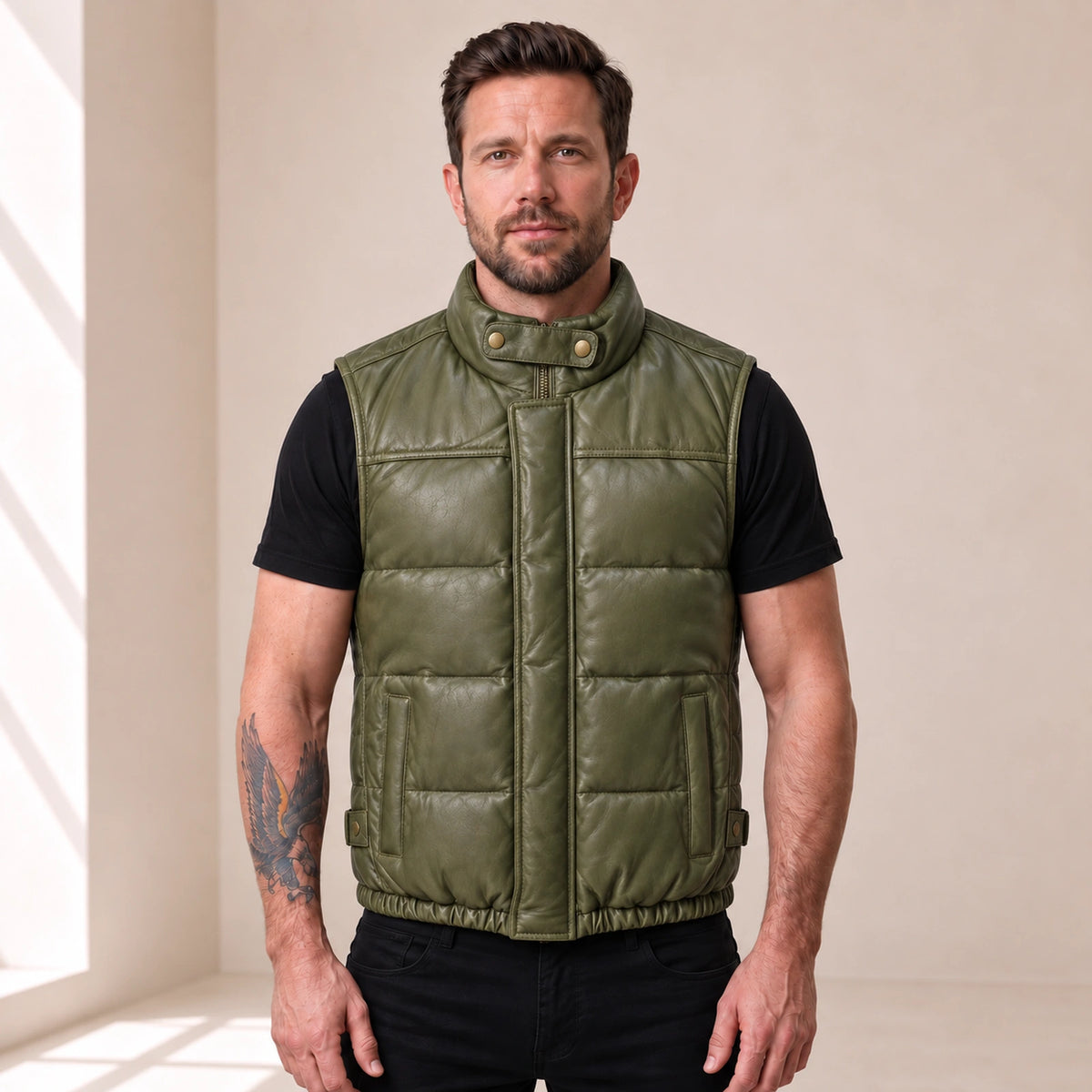 Braywick men's olive green genuine leather bubble puffer vest, modeled front view