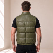 Braywick men's olive green genuine leather bubble puffer vest, modeled back view