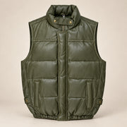 Braywick men's olive green genuine leather bubble puffer vest, product front view