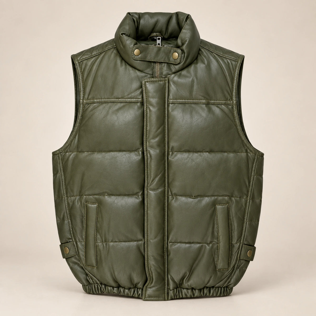 Braywick men's olive green genuine leather bubble puffer vest, product front view