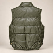 Braywick men's olive green genuine leather bubble puffer vest, product back view