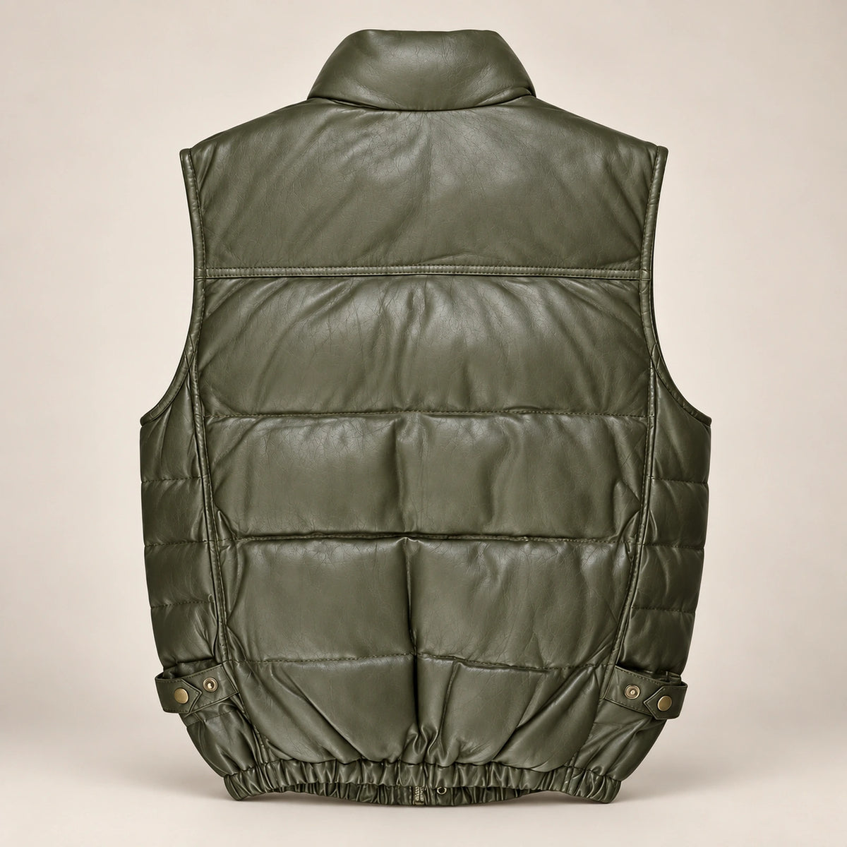 Braywick men's olive green genuine leather bubble puffer vest, product back view