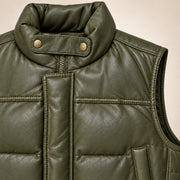 Braywick men's olive green genuine leather bubble puffer vest, collar, leather grain and padded panel close-up