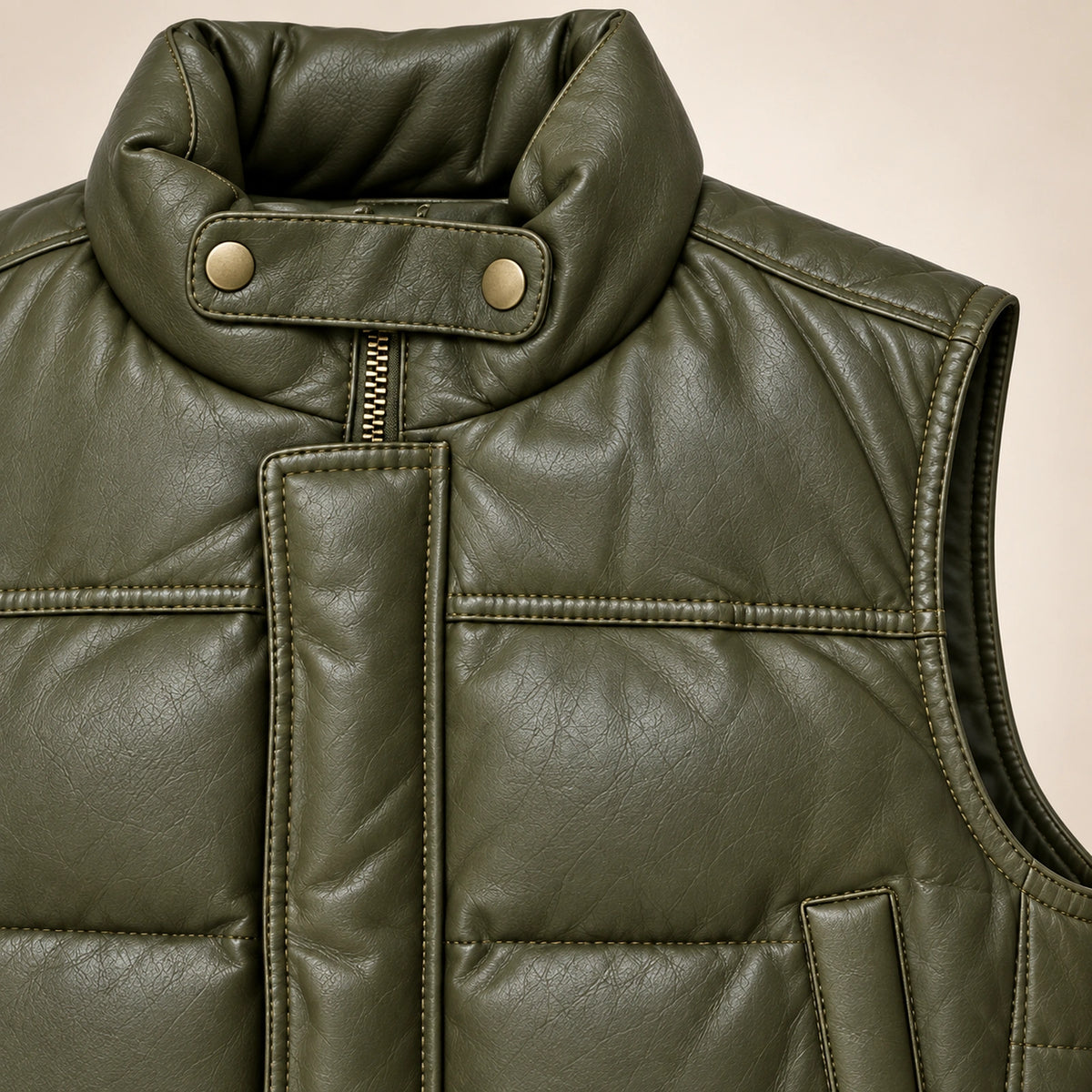 Braywick men's olive green genuine leather bubble puffer vest, collar, leather grain and padded panel close-up