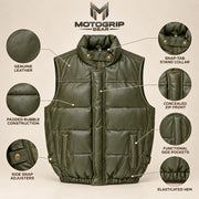 Braywick men's olive green genuine leather bubble puffer vest, feature infographic