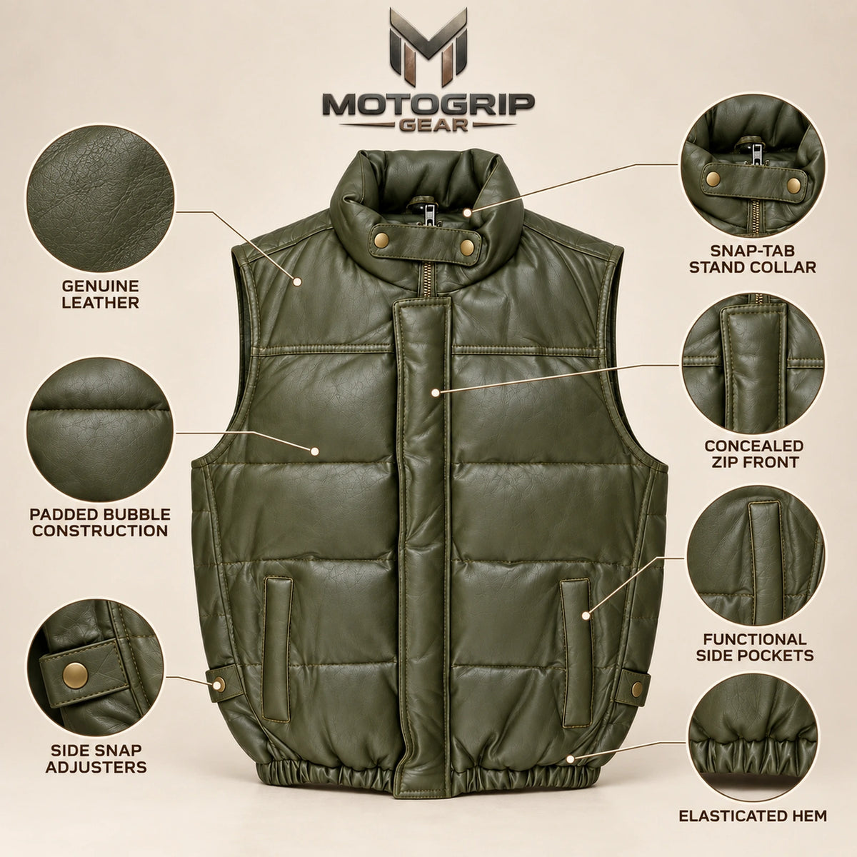 Braywick men's olive green genuine leather bubble puffer vest, feature infographic