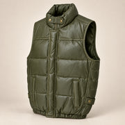 Braywick men's olive green genuine leather bubble puffer vest, three-quarter product view