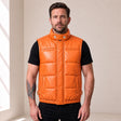 Braywick men's orange genuine leather bubble puffer vest, modeled front view