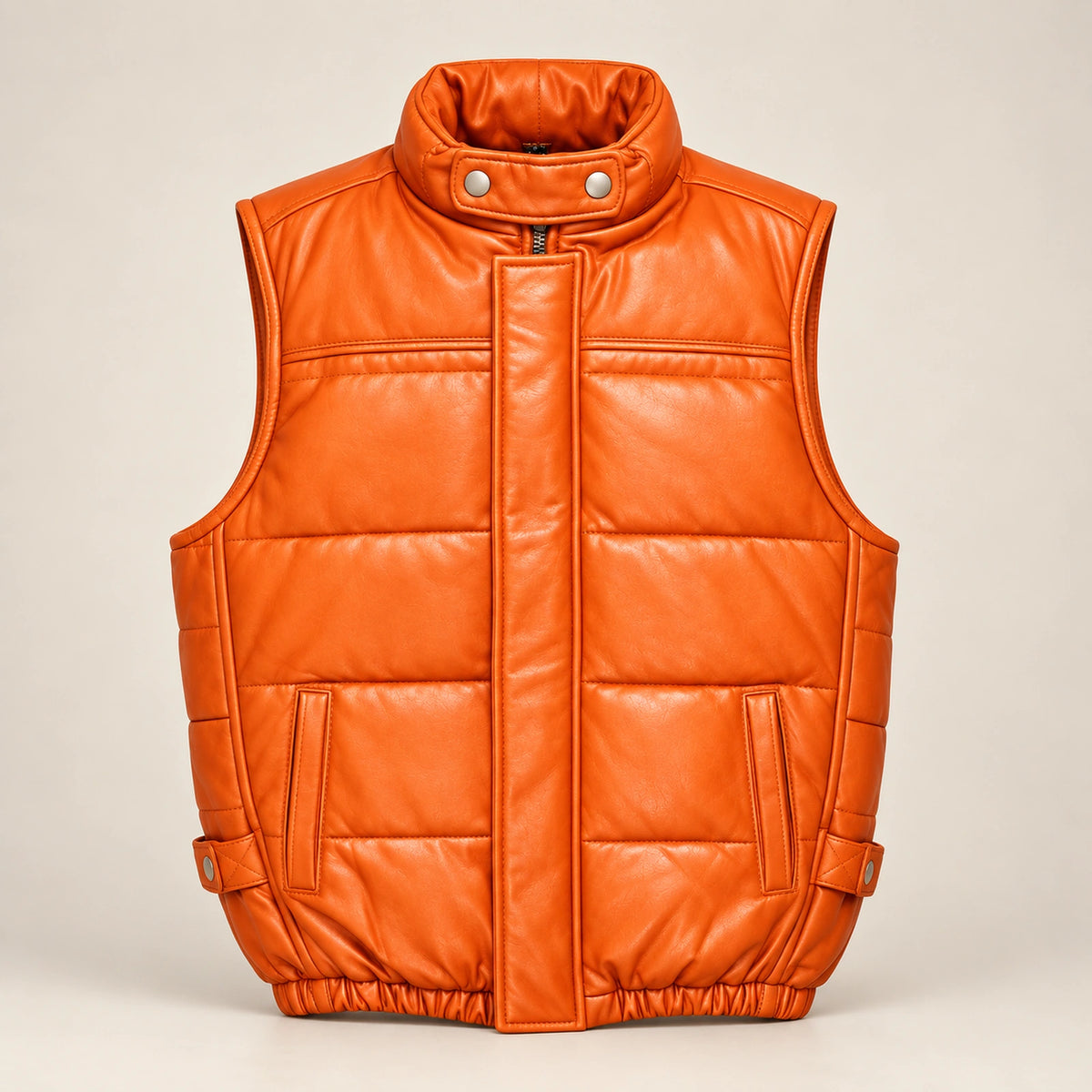 Braywick men's orange genuine leather bubble puffer vest, product front view