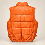 Braywick men's orange genuine leather bubble puffer vest, product back view