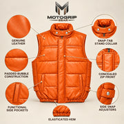 Braywick men's orange genuine leather bubble puffer vest, feature infographic