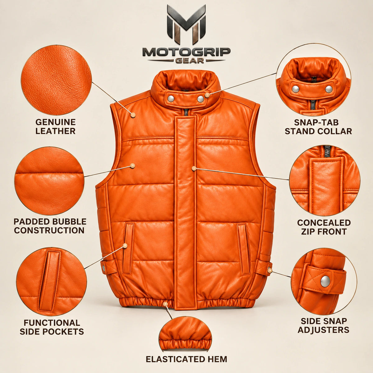 Braywick men's orange genuine leather bubble puffer vest, feature infographic