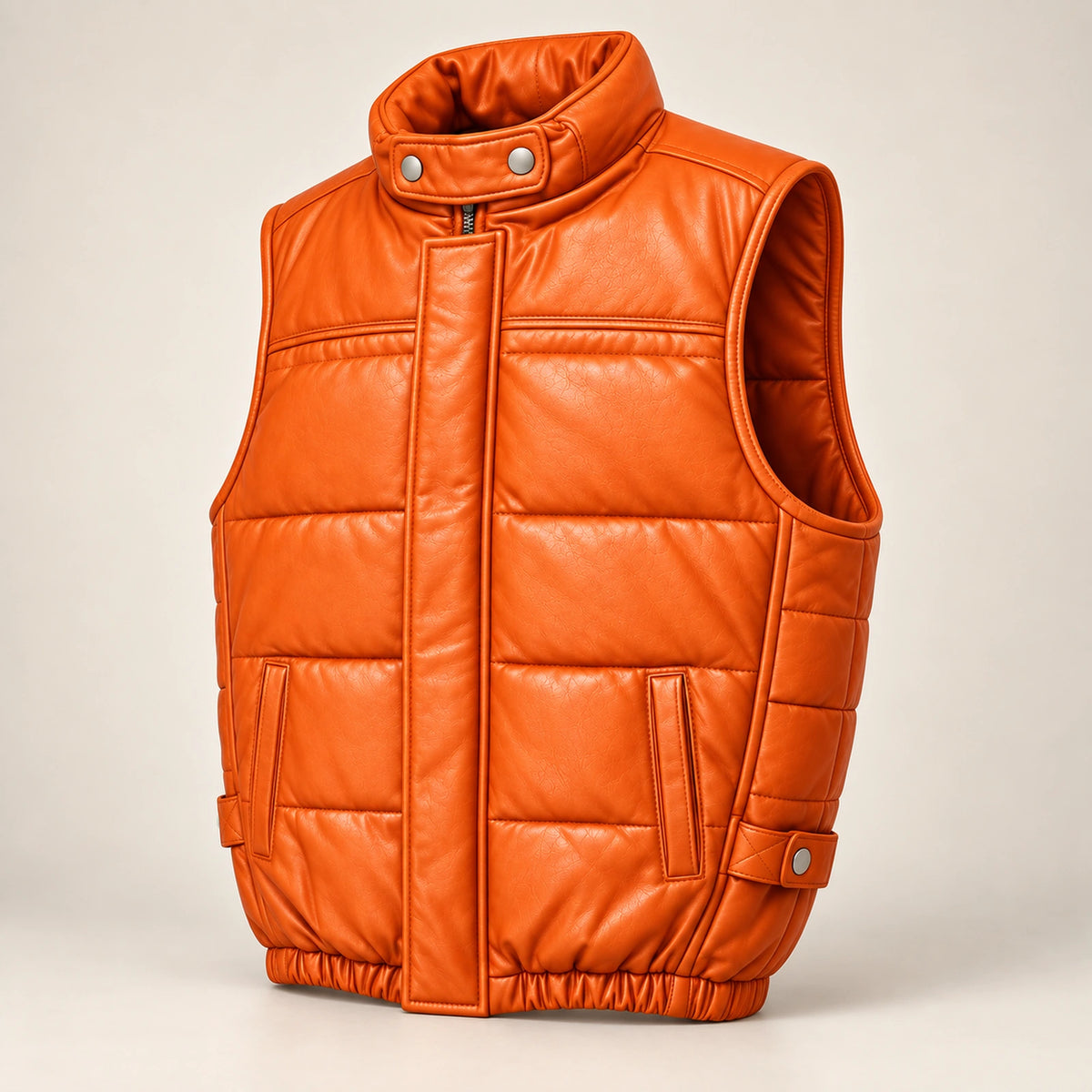 Braywick men's orange genuine leather bubble puffer vest, three-quarter product view