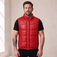 Braywick men's red genuine leather bubble puffer vest, modeled front view