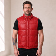 Braywick men's red genuine leather bubble puffer vest, modeled front view