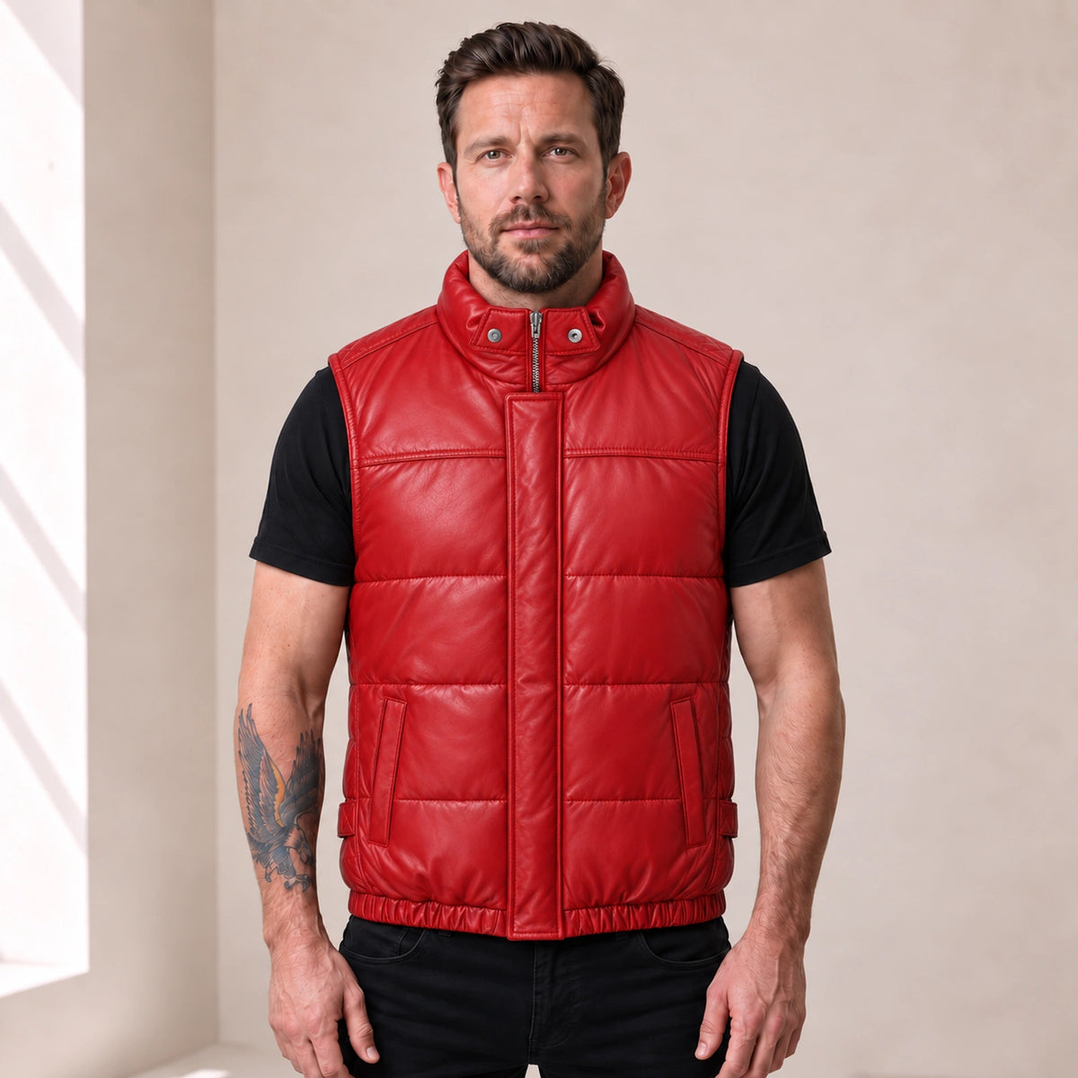 Braywick men's red genuine leather bubble puffer vest, modeled front view