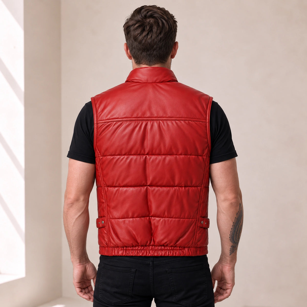Braywick men's red genuine leather bubble puffer vest, modeled back view