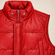 Braywick men's red genuine leather bubble puffer vest, collar, leather grain and padded panel close-up
