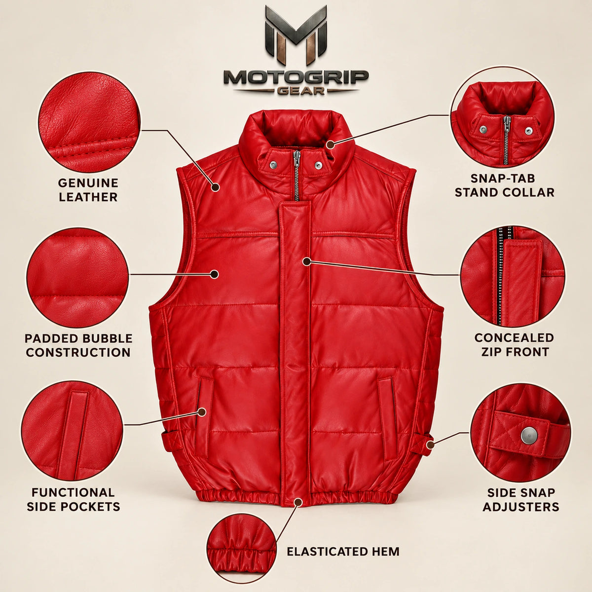 Braywick men's red genuine leather bubble puffer vest, feature infographic