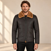 Front model view of the Bromley Men's Dark Brown & Ginger B3 Shearling Jacket