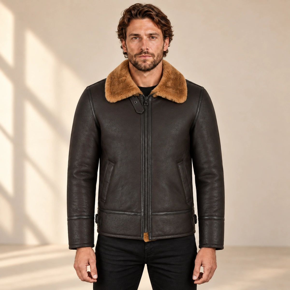 Front model view of the Bromley Men's Dark Brown & Ginger B3 Shearling Jacket