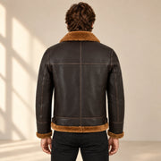 Back model view of the Bromley Men's Dark Brown & Ginger B3 Shearling Jacket