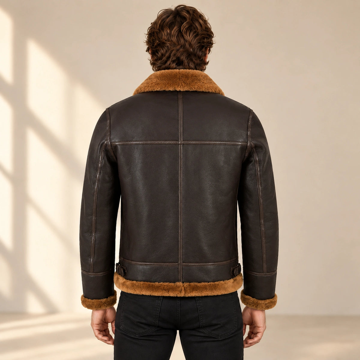 Back model view of the Bromley Men's Dark Brown & Ginger B3 Shearling Jacket