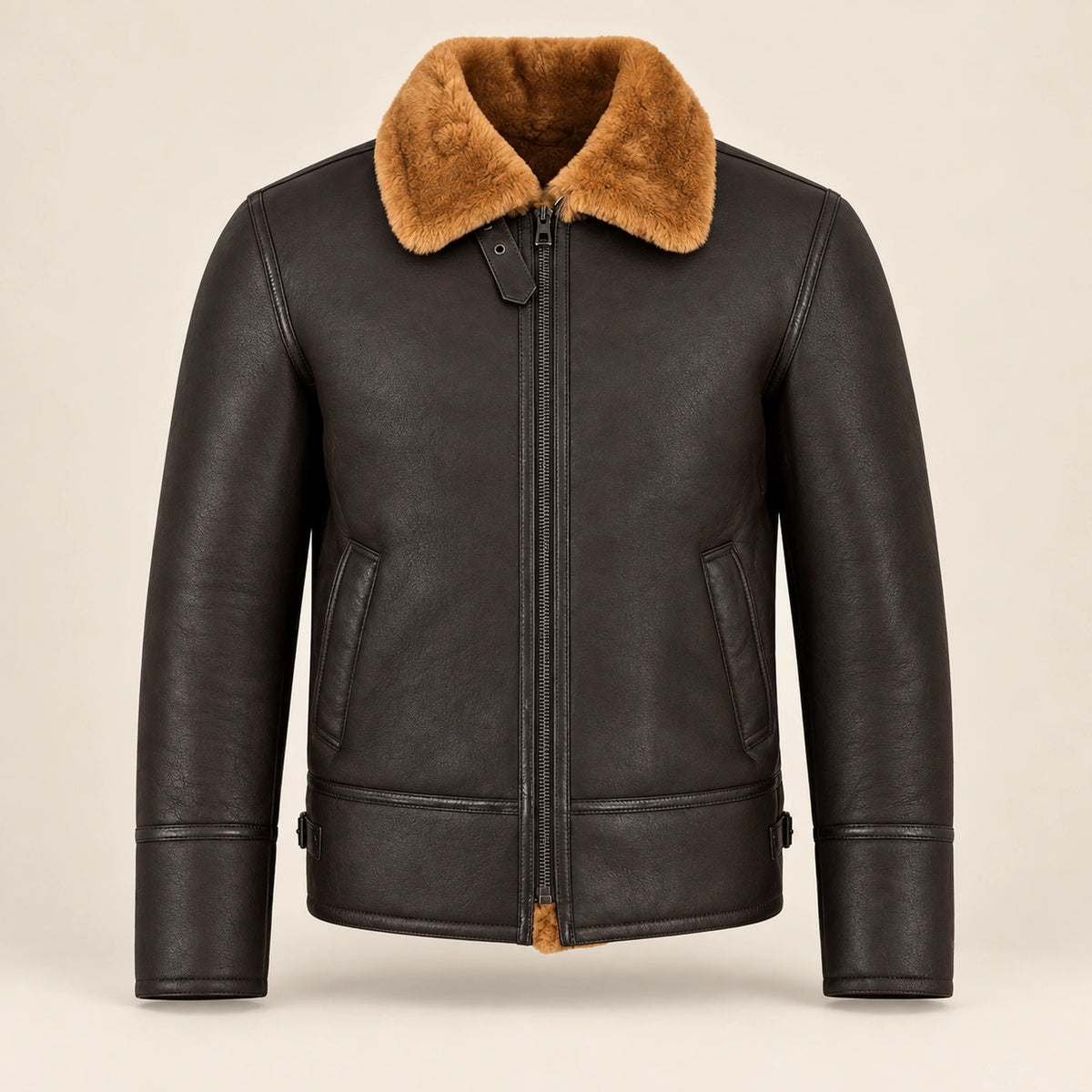 Front product view of the Bromley Men's Dark Brown & Ginger B3 Shearling Jacket
