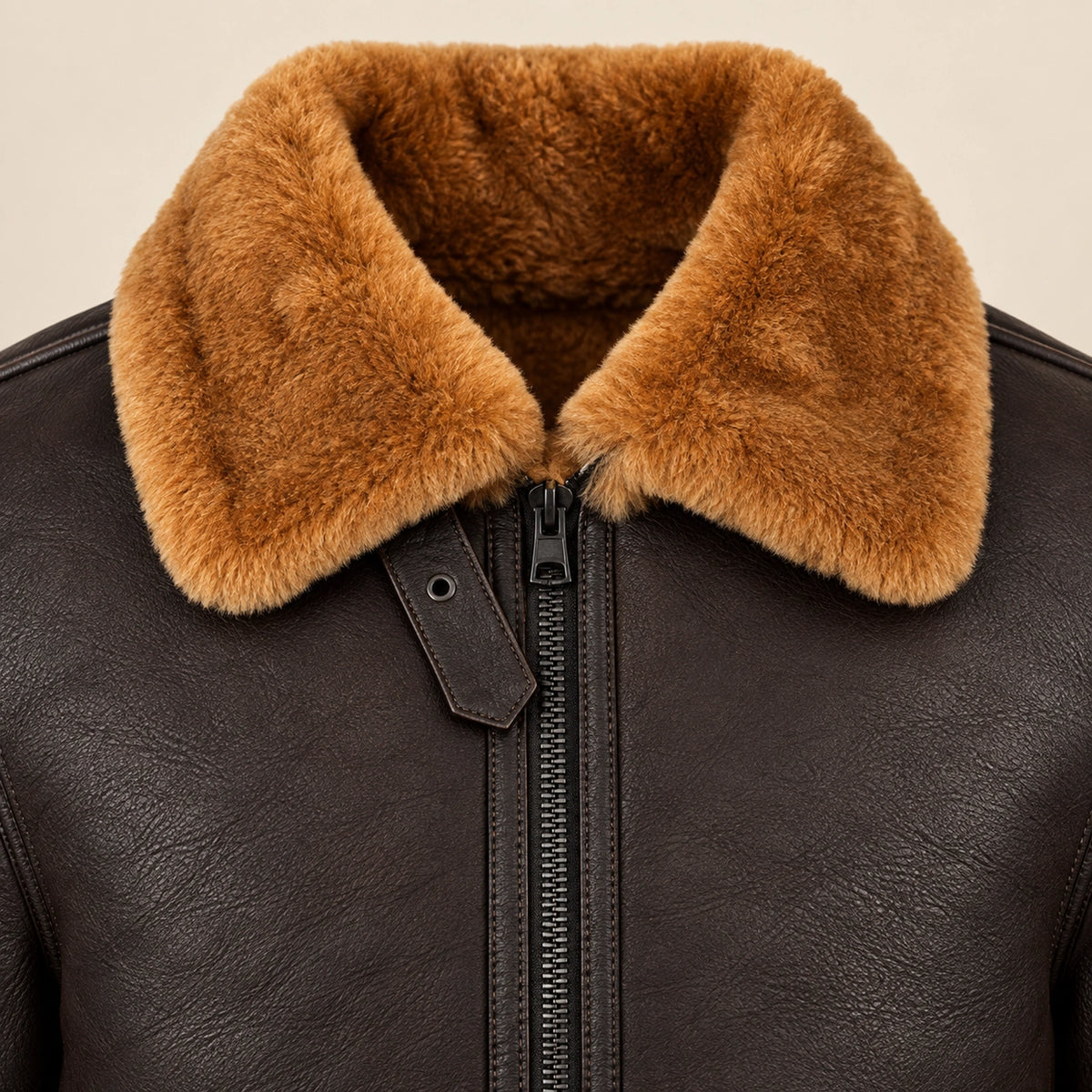 Leather grain and shearling close-up of the Bromley Men's Dark Brown & Ginger B3 Shearling Jacket