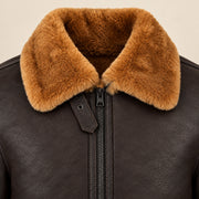 Leather grain and shearling close-up of the Bromley Men's Dark Brown & Ginger B3 Shearling Jacket