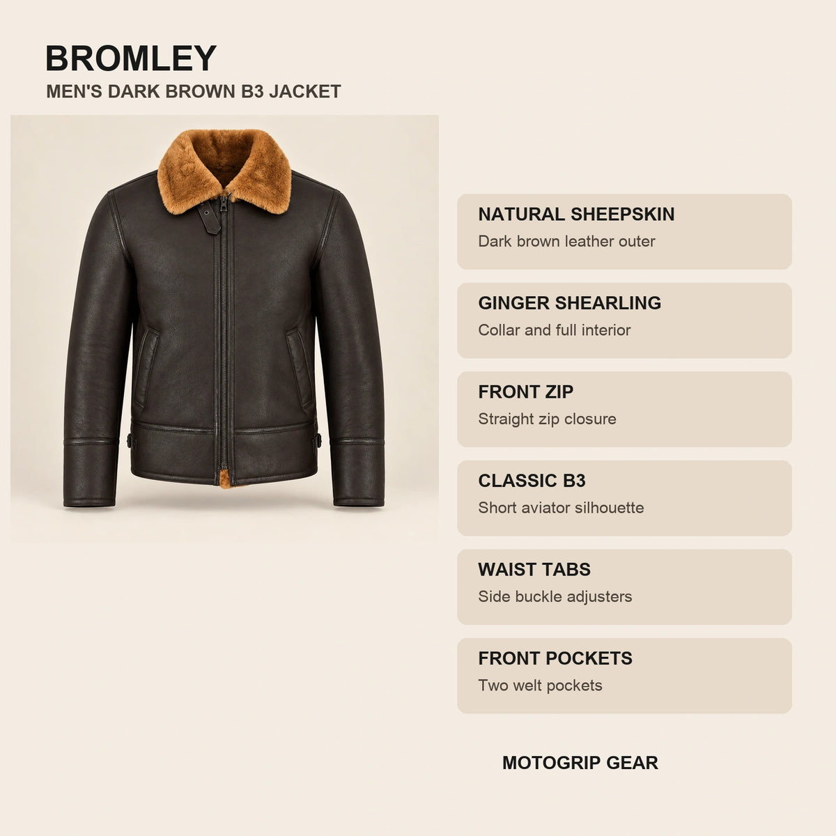 Key design features of the Bromley Men's Dark Brown & Ginger B3 Shearling Jacket
