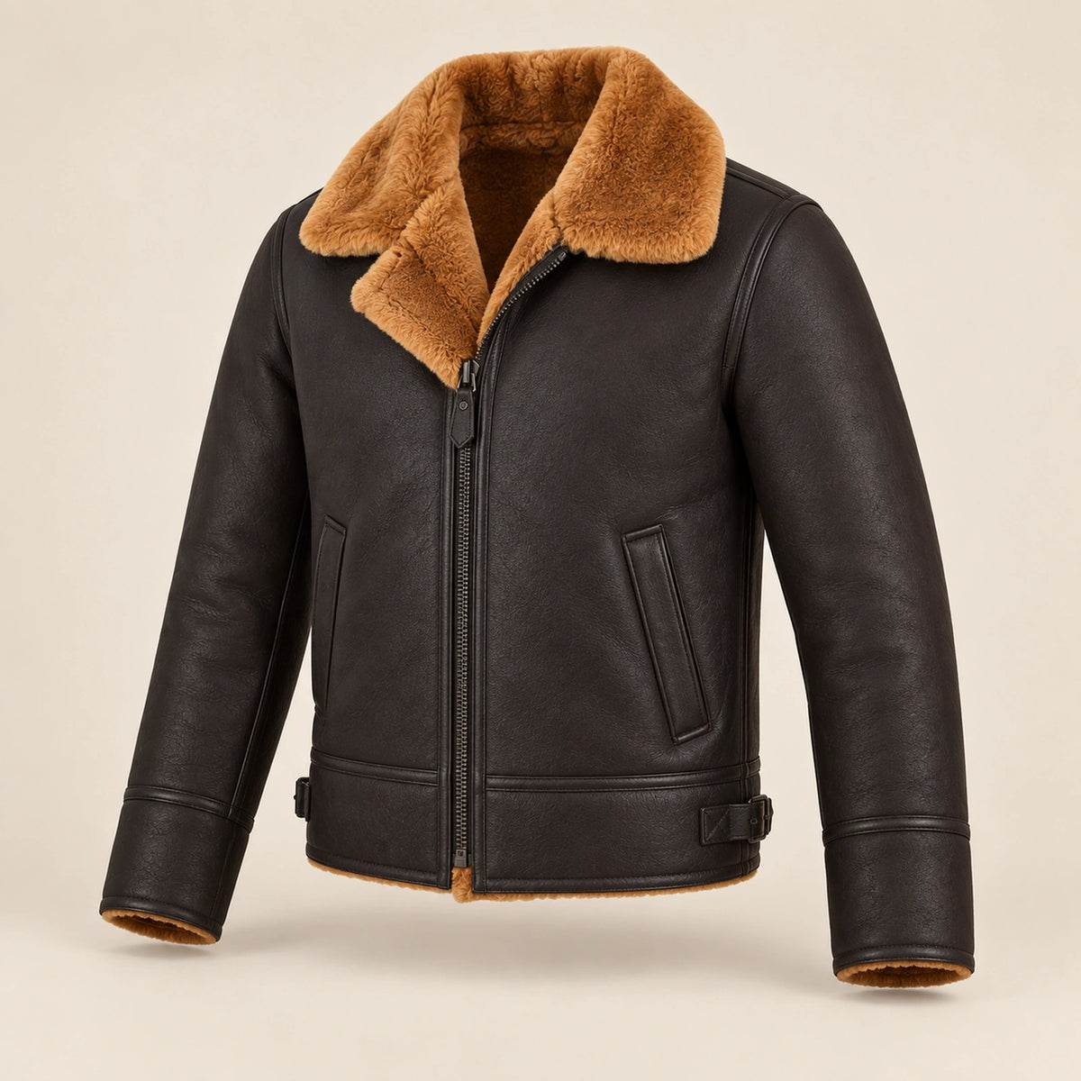 Three-quarter product view of the Bromley Men's Dark Brown & Ginger B3 Shearling Jacket
