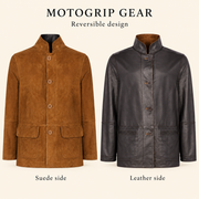 Feature diagram showing visible garment details of the Cairnwell men's brown blue reversible leather blazer coat.
