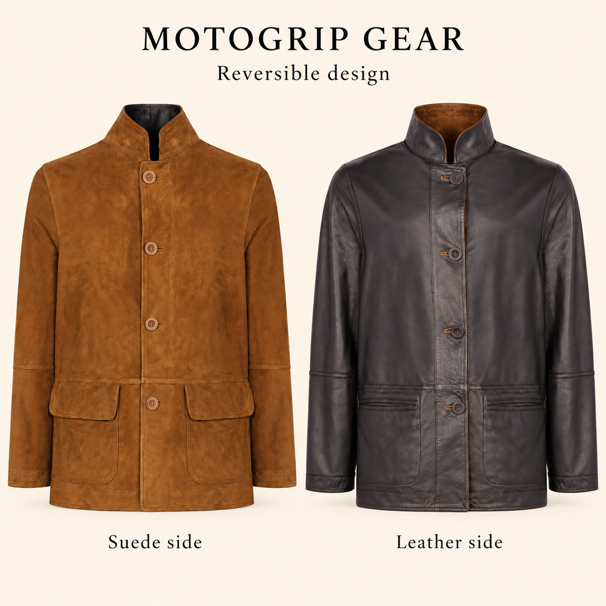 Feature diagram showing visible garment details of the Cairnwell men's brown blue reversible leather blazer coat.