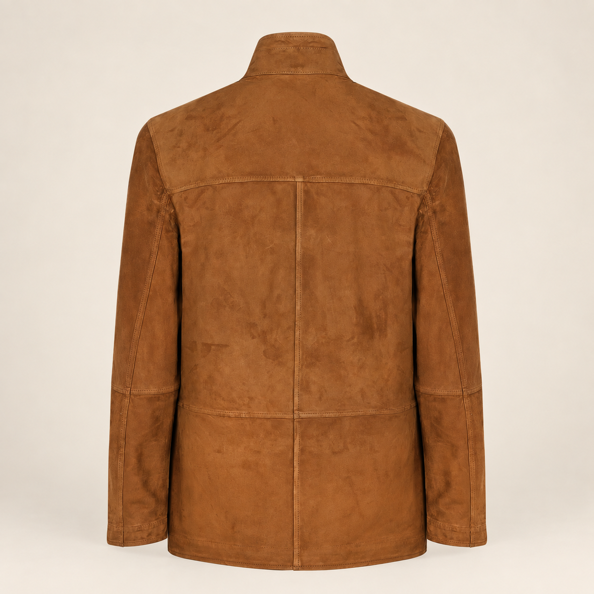 Straight rear product view of the Cairnwell men's brown blue reversible leather blazer coat.